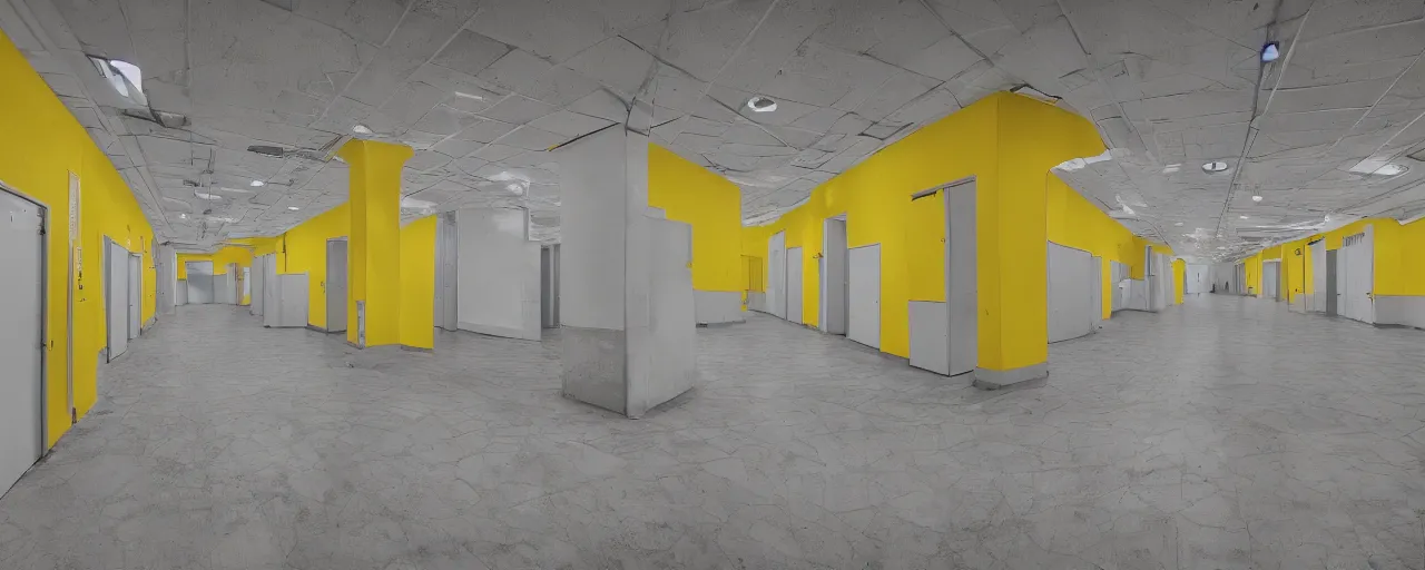 Prompt: the backrooms, walls with a monochromatic tone of yellow, and buzzing fluorescent lights, extremely high detail, photo realistic, post processed, cinematic, 8k UHD