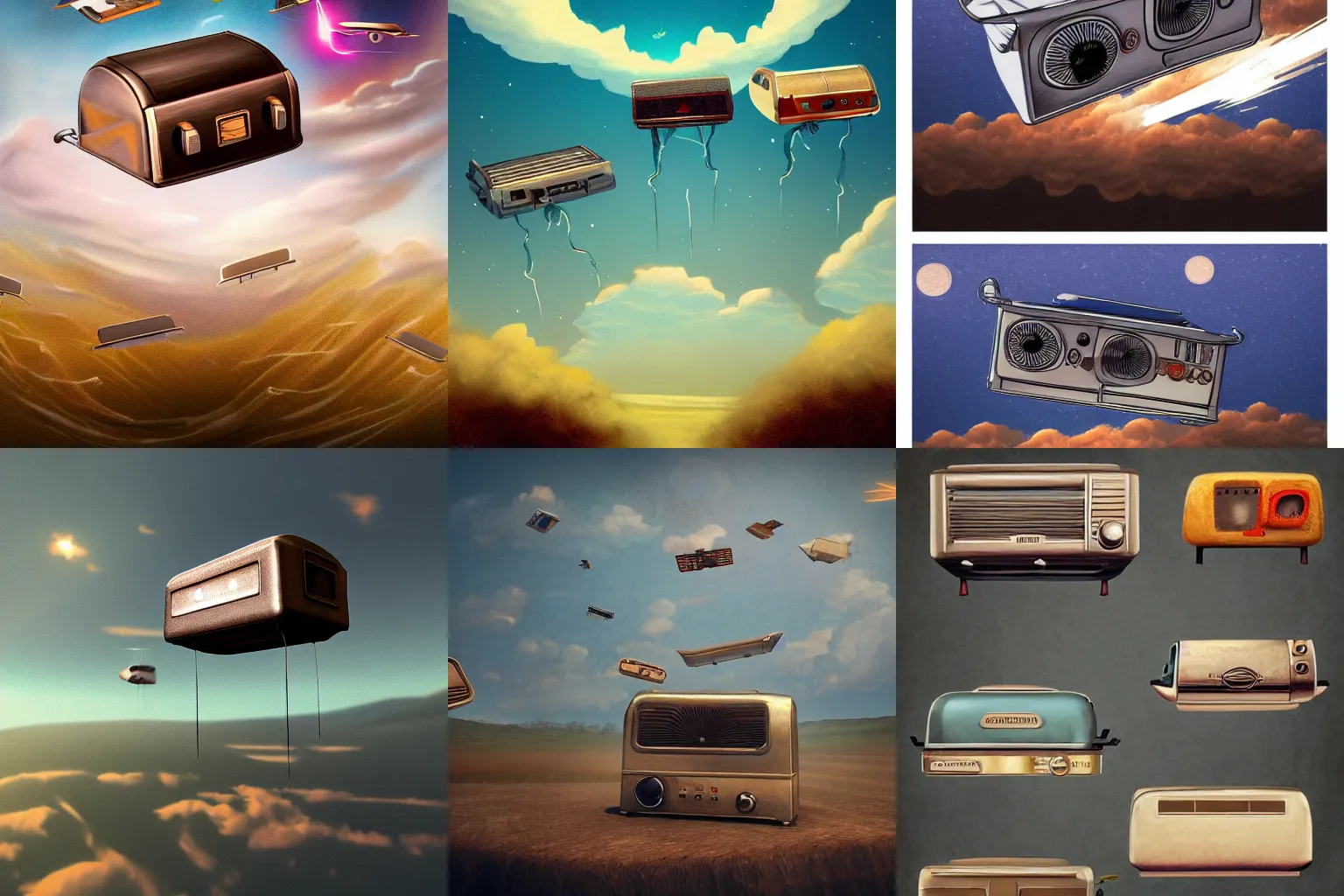 Prompt: Vintage toasters flying in heaven, digital art, 4k, trending on Artstation