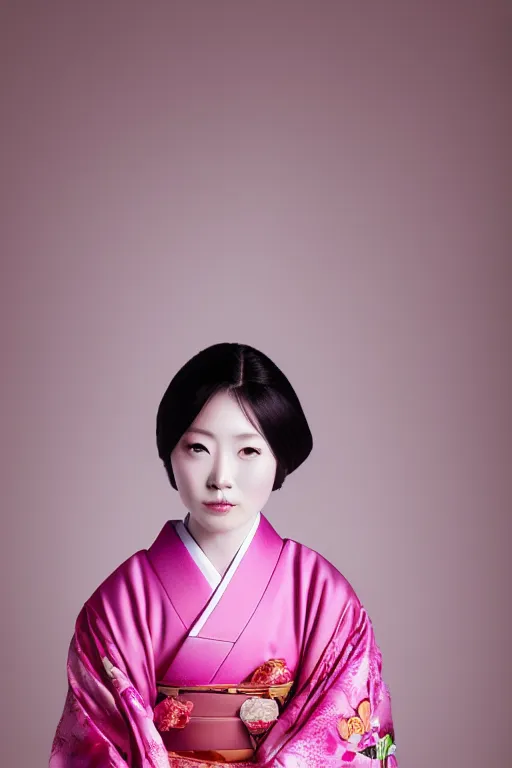 Prompt: portrait of a gorgeous japanese lady wearing kimono, pink zen style, photorealistic portrait, porcelain skin, smooth, 8 k, beautiful volumetric lighting