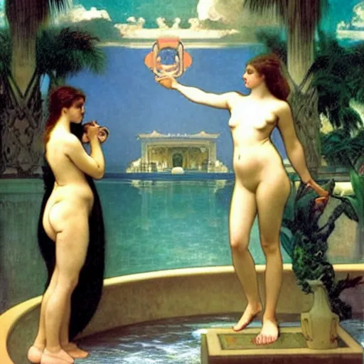 Image similar to Moon girl at the palace, thunderstorm, greek pool, beach and palm trees on the background major arcana sky, by paul delaroche, alphonse mucha and arnold böcklin arnold böcklin hyperrealistic 8k, very detailed