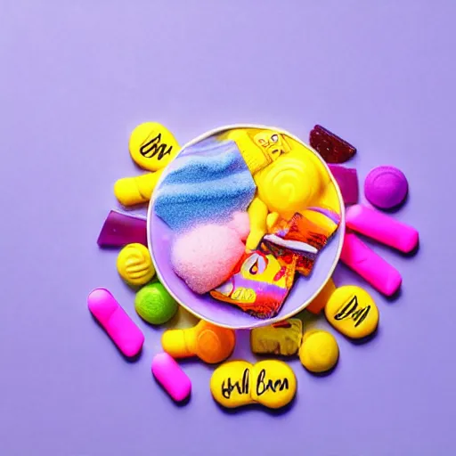 Image similar to !dream A world made entirely of candy, where the sky is a deep blue and the sun is a giant marshmallow. The ground is soft and bouncy like cotton candy, and every creature is some kind of dessert. Multi-compositional image with food photography.