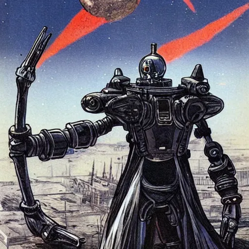 Prompt: a robot hunter from bloodborne on a space station, retrofuturism, for 1 9 7 0 s'sci - fi, by malcolm smith