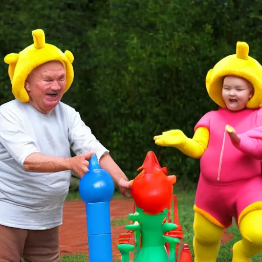 Image similar to a couple of grandparents playing kids games and wearing teletubbies costumes