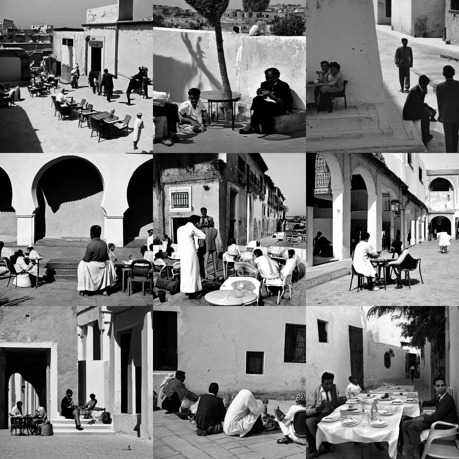 Prompt: At the terrace in Rabat, 1960. Black and white. Street photography.