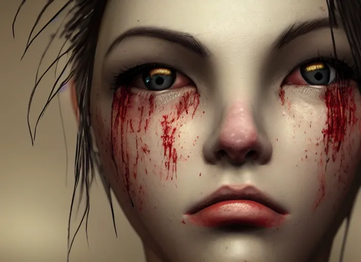 Image similar to a female looking directly while her left eye is closed and the other right eye is wide open, horror, dark, naturel, hyper detailed, digital art, trending in artstation, cinematic lighting, studio quality, smooth render, unreal engine 5 rendered, octane rendered, art style by klimt and nixeu and ian sprigger and wlop and krenz cushart