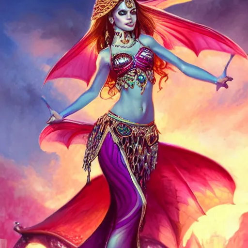 Image similar to photo of a cute female bellydancer dragon, anthropomorphic, sharp focus, illustration, ultra real, masterpiece, glowing holy aura by magali villeneuve and stanley artgerm lau, wlop,