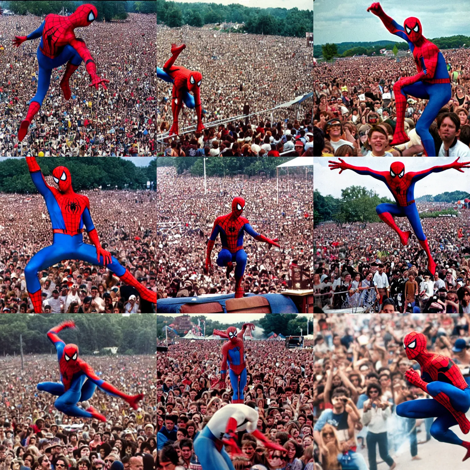 Prompt: spiderman perfoming at woodstock, crowd of people