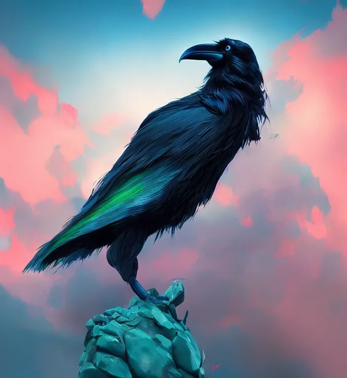 Image similar to raven bird, puma puffy clouds, james jean style, vfx art, unreal engine render, claymation style, colourful, volumetric light, digital painting, digital illustration, dramatic light,