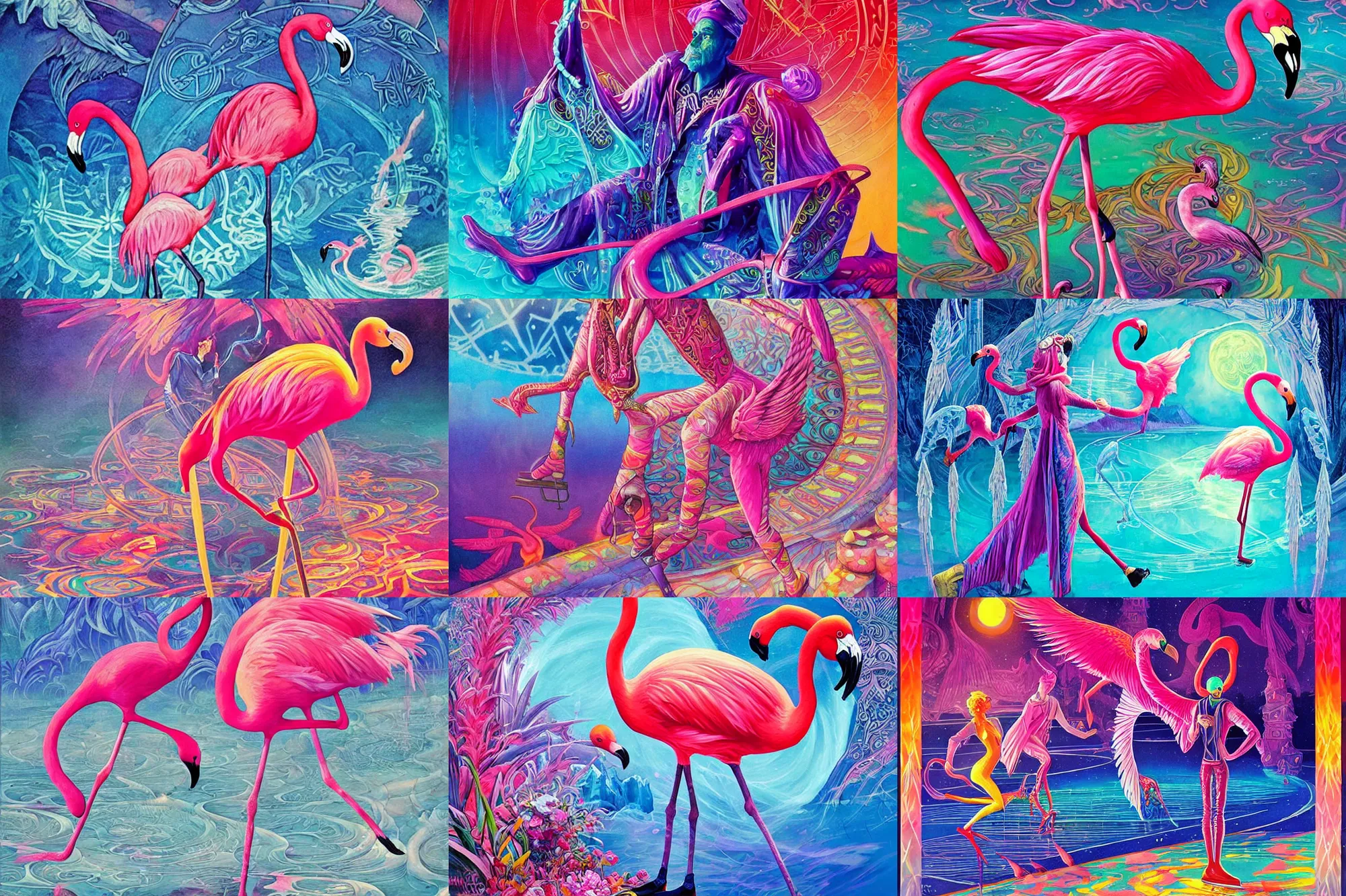 Prompt: The grand alchemist id a flamingo-man, he likes ice-skating. Gorgeous and with flair, a fantasy sci-fi dreamworld painting in neon geometric inks, art nouveau by Terese Edvard Guay Kinkade