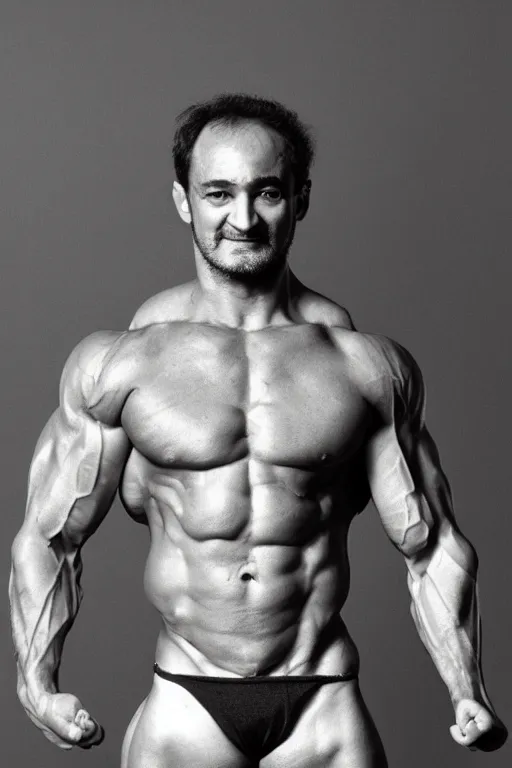 Image similar to jacques attali as a jacked muscle builder gigachad, grayscale photography