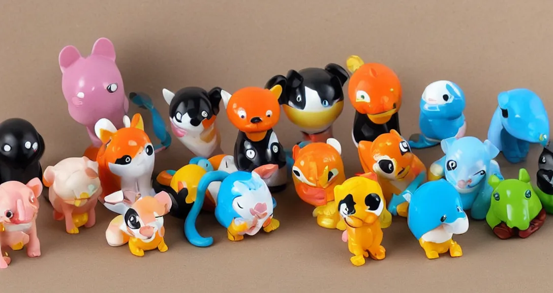 Image similar to some cute plastic toys that look like animal characters, sunset colors