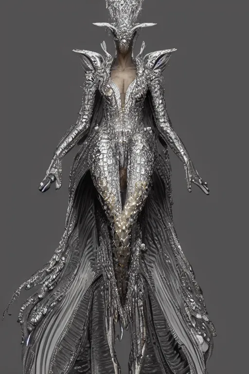 Image similar to a highly detailed 4 k render portrait of a tall beautiful alien goddess bella hadid in iris van herpen dress schiaparelli armor in diamonds and lots of jewelry in style of alphonse mucha trending on artstation made in unreal engine 4