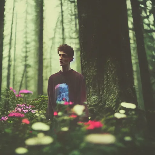 Image similar to close up kodak portra 4 0 0 photograph of a skinny guy standing in dark forest, face of flowers, moody lighting, telephoto, 9 0 s vibe, blurry background, vaporwave colors, faded!,