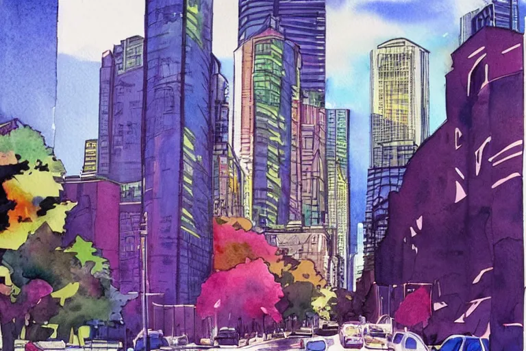 Image similar to !! watercolor!! seattle in a sunny day, artwork by tooth wu, colorful contrast,!!!! very coherent!!!!, dark shadow, thick lineart