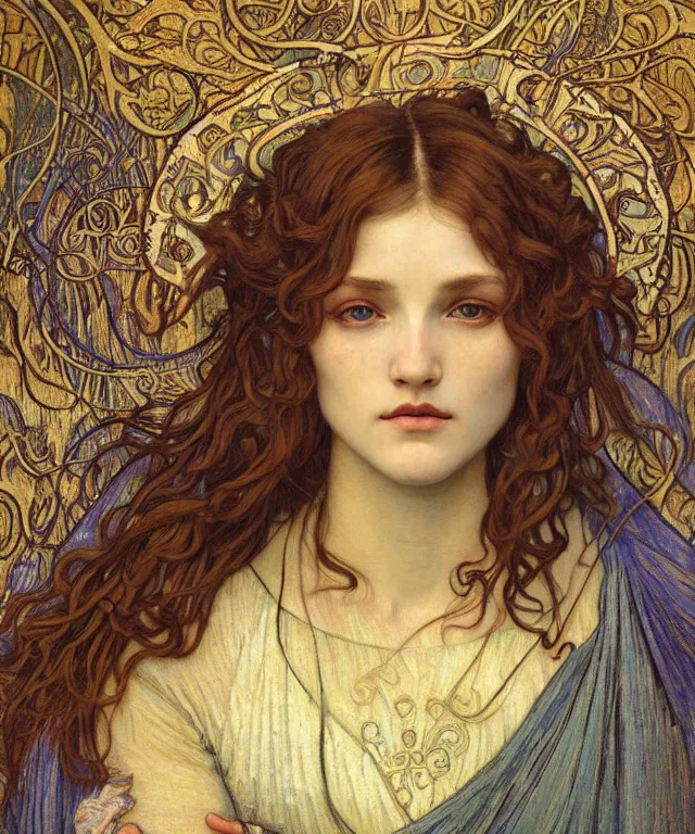 Image similar to detailed realistic beautiful young medieval queen face portrait by jean delville, alphonse mucha, vincent van gogh, and marco mazzoni, art nouveau, symbolist, visionary, gothic, pre - raphaelite