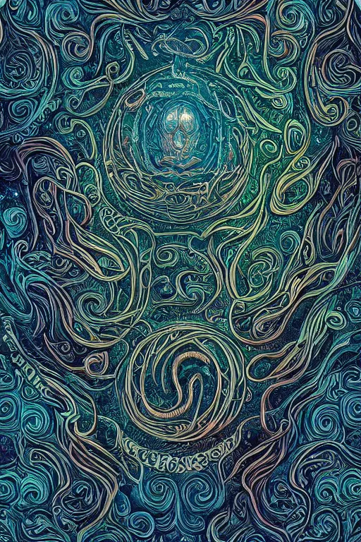 Image similar to a intricate background design with deep and intricate rune carvings and twisting lovecraftian by dan mumford, twirling smoke trails, a twisting vortex of dying galaxies, collapsing stars, digital art, photorealistic, vivid colors, highly detailed, intricate