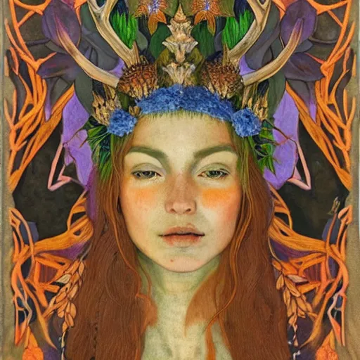 Image similar to queen of the forest wearing an antler crown, by Annie Swynnerton and Nicholas Roerich and (((Tino Rodriguez))), embroidered robes, floral tattoos, bioluminescent skin!, elaborate costume, geometric ornament, symbolist, soft colors, dramatic lighting, smooth, sharp focus, extremely detailed