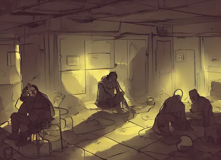 Prompt: several depressed men sit in a dark basement lit by a computer screen, artstation, messy basement background, doom, heads in hands