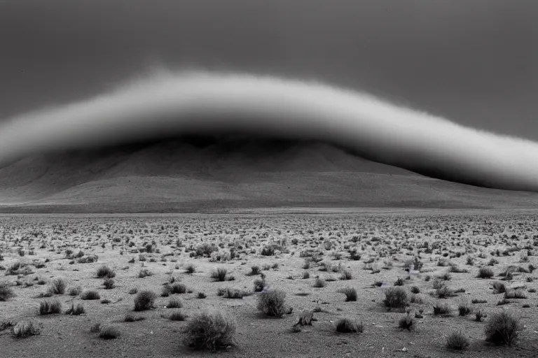 Prompt: ansel adams. fujifilm 5 0 - 1 4 0 mm f 2. 8 long - exposure photographs that convey ominous and calm spooky. dust bowl blues incoming dust storm