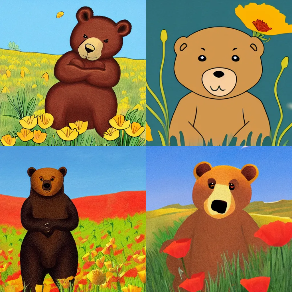 Prompt: cartoon of a bear surrounded by california poppies