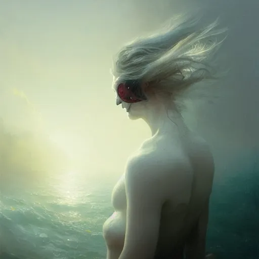 Image similar to epic portrait an woman with a skull face, wet flowing hair, sweaty skin, broad light, ambient occlusion, volumetric light effect, made by ivan aivazovsky, peter mohrbacher, greg rutkowski, hyperrealistic, hyperdetailed, matte painting, trending on artstation, 8 k, perfectly defined features, digital painting,