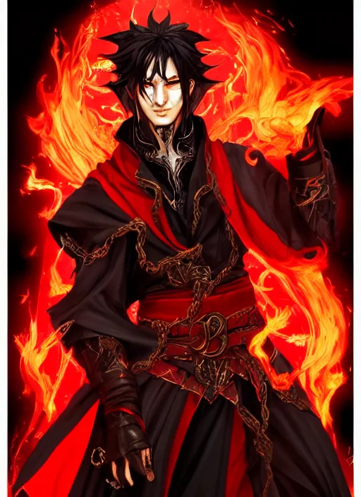 Image similar to Half body portrait of a handsome elf fire mage with long black hair wearing ornate scarlet robe, crazy grin, flame, anarchy. In style of Yoji Shinkawa and Hyung-tae Kim, trending on ArtStation, dark fantasy, great composition, concept art, highly detailed, dynamic pose.