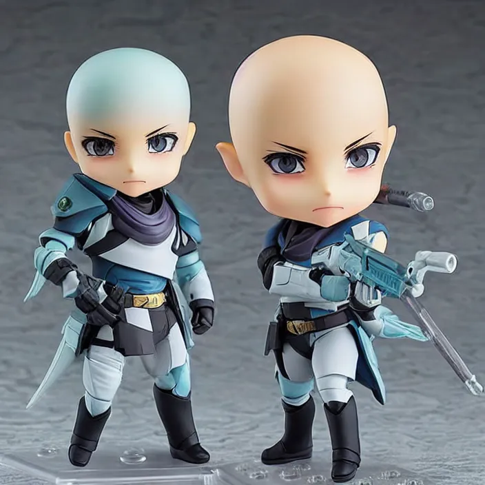 Image similar to destiny commander zavala!!!!!!!!!!!!!!!!!!!!!!!!!!, an ( ( ( ( ( anime ) ) ) ) ) nendoroid of commander zavala, male figurine, light - blue skin and bald!!!!!!!!, detailed product photo