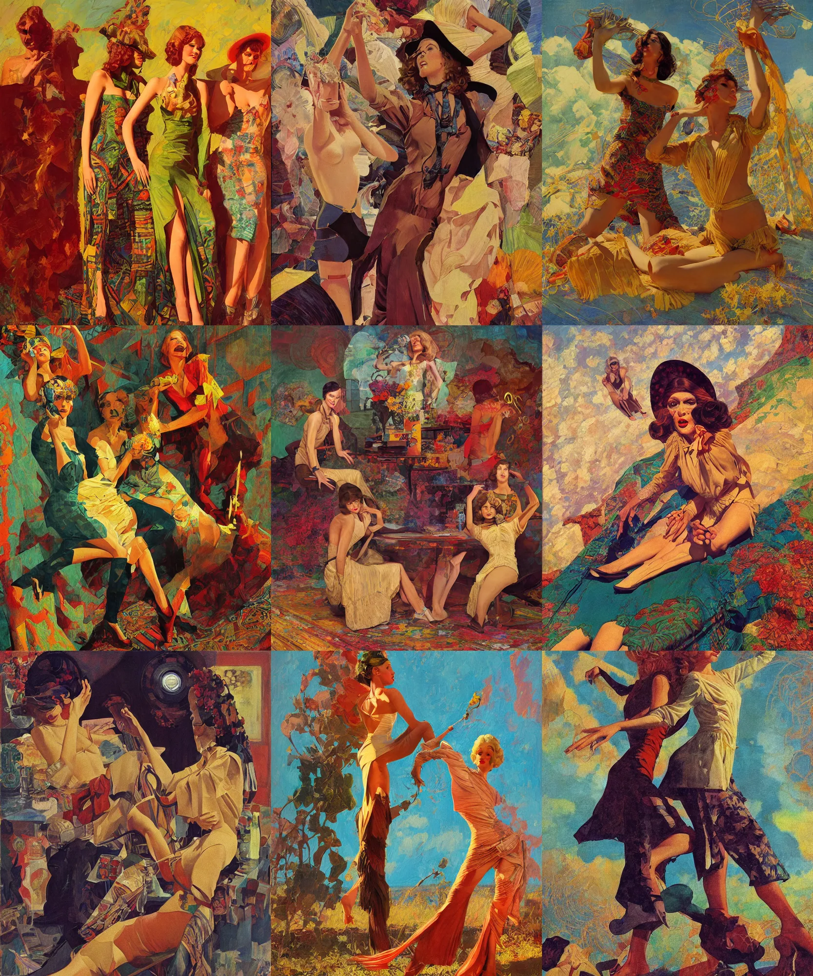 Image similar to pulp art, 1970s hippie cloth style, artwork by Joseph Leyendecker and Hugh Ferriss and gil elvgren and ilya repin and sergey kolesov, geometric shapes, impressionism, soviet paintings, 3d octane blender render, progressive rock album cover