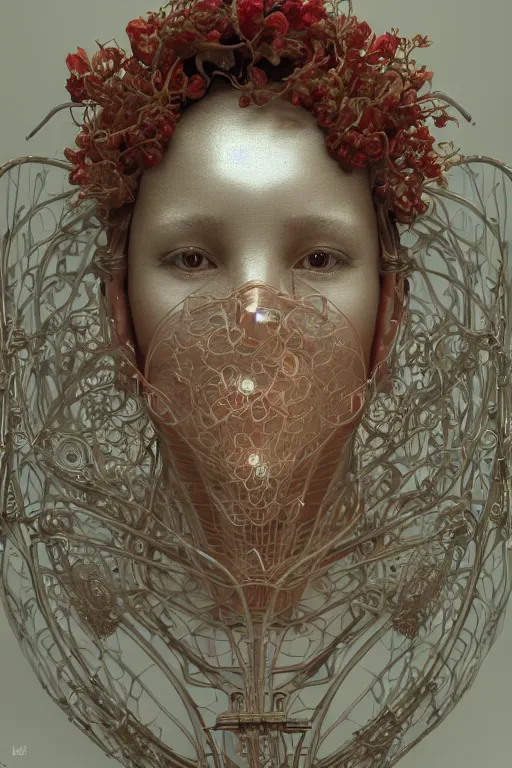 Image similar to a melancholic realistic 8k Sculpture of a complex robotic human face, liquid simulation, dramatic lighting, silver gold red details, hexagonal mesh wire, filigree intricate details, cinematic, fleshy musculature, white blossoms, elegant, octane render, art nouveau, 8k post-processing, intricate artwork by alphonse mucha