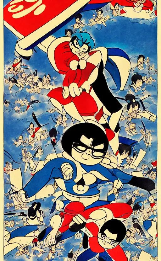 Image similar to Osamu Tezuka's Big X, young boy turned giant hero. Detailed manga painting, super soldier, military, kaiju, tokusatsu