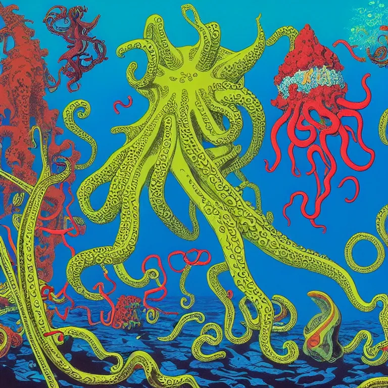 Image similar to volcanoes under the sea, octopus gripping submarine, bright neon colors, highly detailed, high resolution, cinematic, eyvind earle, tim white, philippe druillet, roger dean, lisa frank, aubrey beardsley, hiroo isono, ernst haeckel