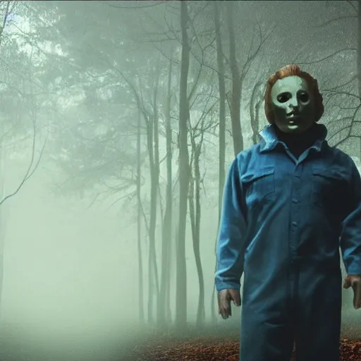 Image similar to He still image of Michael Myers in the woods foggy very detailed 4K quality super realistic