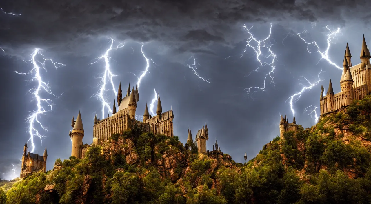 Image similar to pc background, 4 k, hogwarts castle and lightning strikes in bad weather