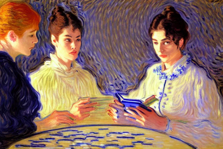 Image similar to portrait of two wise and very beautiful women discussing some texts appearing in a computer screen, art by monet, intricate, elegant, highly detailed, smooth, sharp focus, artstation