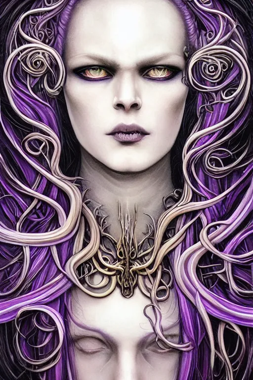 Image similar to Elden Ring themed painting of majestic chromatic purple-eyed girl with thin purple tentacles on her head beautiful ethereal angel symmetrical neutral black metal closeup face tattoo pattern golden ratio concept, Neo-Gothic concept, infinity glyph waves, intricate artwork masterpiece, very coherent artwork, cinematic, full frontal facial features by Artgerm, art by H.R. Giger, Joseph Michael Linsner, Zdizslaw Beksinski, Johnatan Wayshak, Moebius, Ayami Kojima, very anatomically coherent artwork, trending on cgsociety, ultra high quality model, production quality cinema model, high detail chromatic ink outline, octane render, unreal engine 8k, hyper realism, high detail, octane render, unreal engine, 8k, High contrast