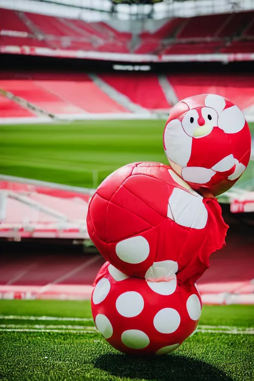 Prompt: mr blobby playing football in the stadium wearing the red and white arsenal shirt, photographed, sunny day, portrait, photographic