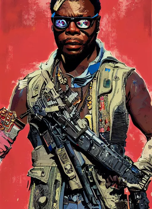 Image similar to chidi igwe. cyberpunk mercenary in combat vest. portrait illustration, pop art, splash painting, art by geof darrow, ashley wood, alphonse mucha, makoto shinkai