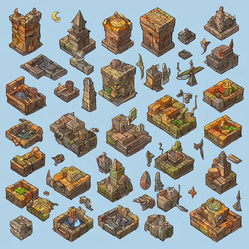 Image similar to set of isometric game tiles, containing a wizard's tower and several resourcers, colored lineart