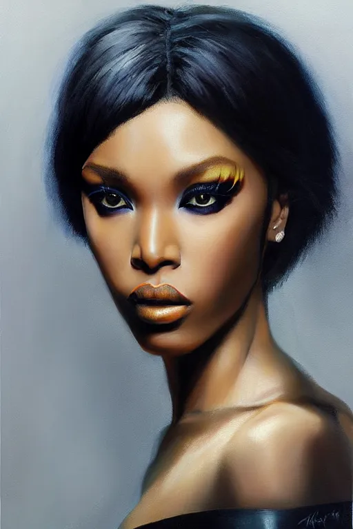 Prompt: very beautiful oil painting of normani black widow as aeon flux by peter chung + loish + rembrandt + anne leibovitz + craig mullins + margaret keane, detailed,