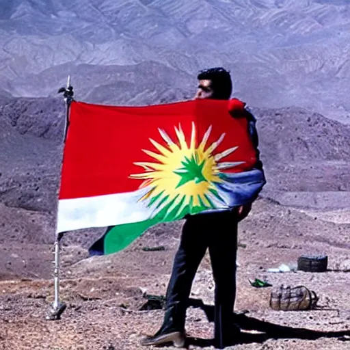 Image similar to kurdish astronaut holding a kurdistan flag in a movie directed by christopher nolan, movie still frame, promotional image, imax 7 0 mm footage