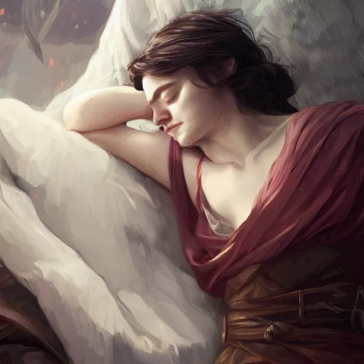 Image similar to Portrait of sleeping arya stark, elegant, digital painting, highly detailed, fantasy, artstation, concept art, smooth, sharp focus, illustration, art by artgerm and greg rutkowski and alphonse mucha