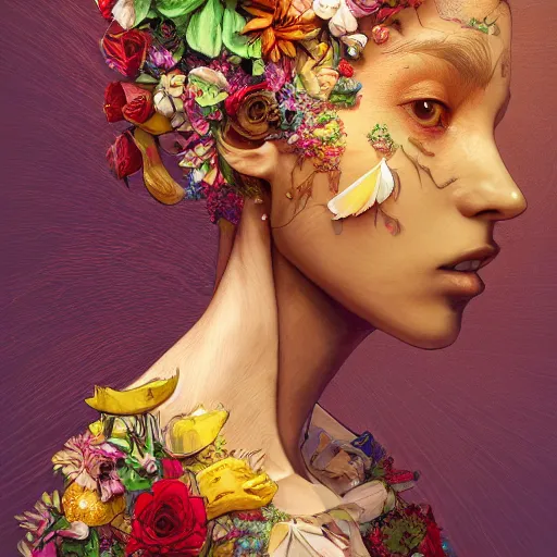 Image similar to the portrait of an absurdly beautiful, graceful, elegant young woman made of bananas and petals looking down, an ultrafine detailed illustration by kim jung gi, irakli nadar, intricate linework, bright colors, octopath traveler, final fantasy, angular, unreal engine 5 highly rendered, global illumination, radiant light, detailed and intricate environment