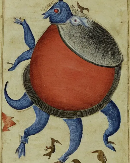 Prompt: a manuscript painting of Voltorb in the style of the Rochester Bestiary, Ashmole Bestiary
