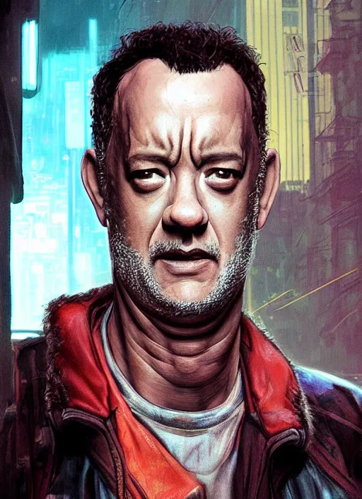 Prompt: portrait of Tom Hanks as a homeless character in Cyberpunk 2077, looking at camera, intricate, dystopian, sci-fi, extremely detailed, digital painting, artstation, concept art, smooth, sharp focus, illustration, intimidating lighting, incredible art by artgerm and greg rutkowski and alphonse mucha and simon stalenhag