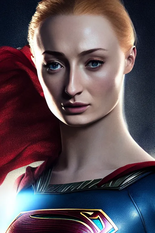 Prompt: a fancy close up of Man of Steel cast as Sophie Turner by Greg Rutkowski, Sung Choi, Mitchell Mohrhauser, Maciej Kuciara, Johnson Ting, Maxim Verehin, Peter Konig, 8k photorealistic, cinematic lighting, HD, high details, dramatic, trending on artstation, full body shot