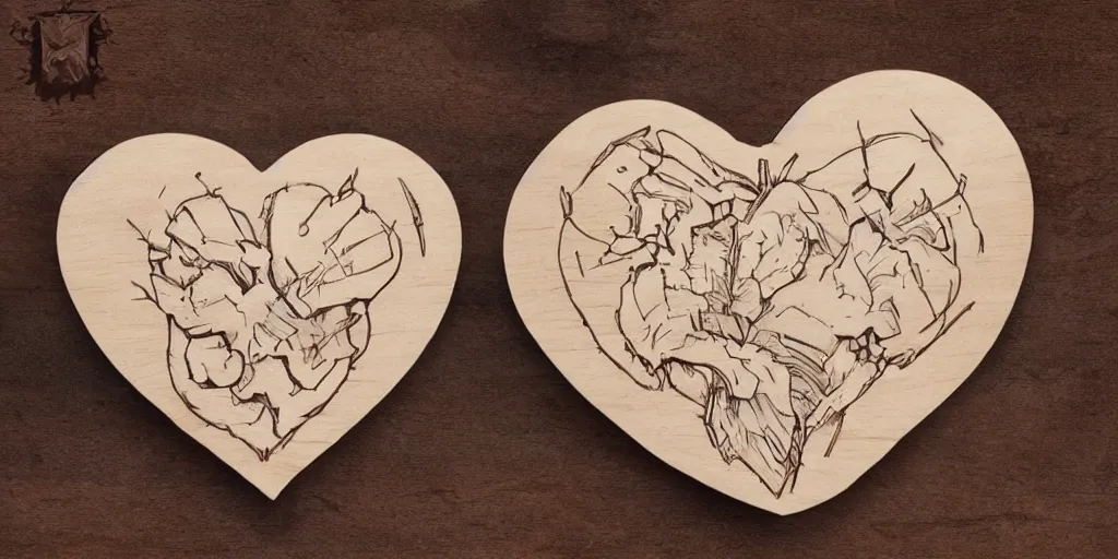 Image similar to realistic wooden heart design, character sheet, Greg Rutkowski, Zabrocki, Karlkka, Jayison Devadas, Phuoc Quan, trending on Artstation, 8K, ultra wide angle, zenith view, pincushion lens effect