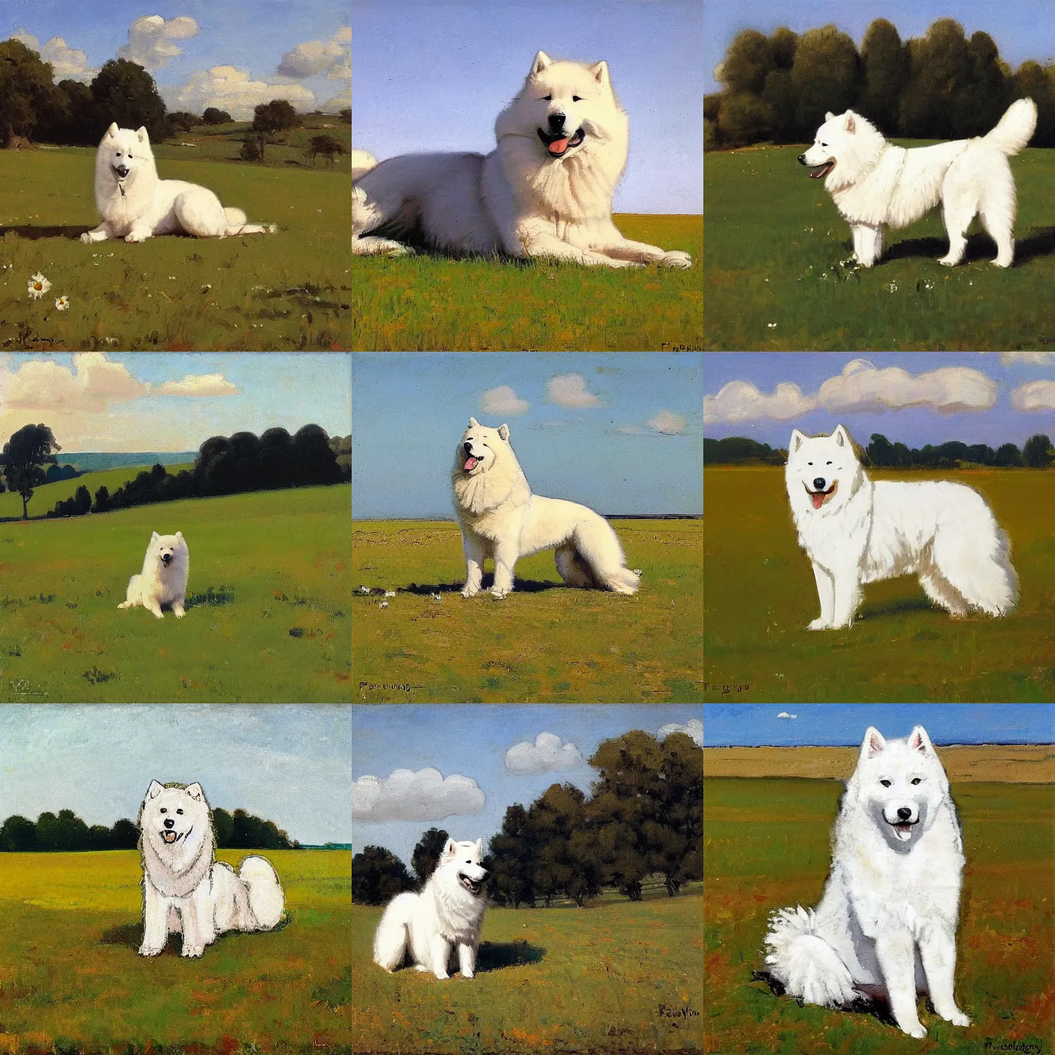 Prompt: a samoyed dog sitting in the middle of sunny meadow, by frederic fiebig