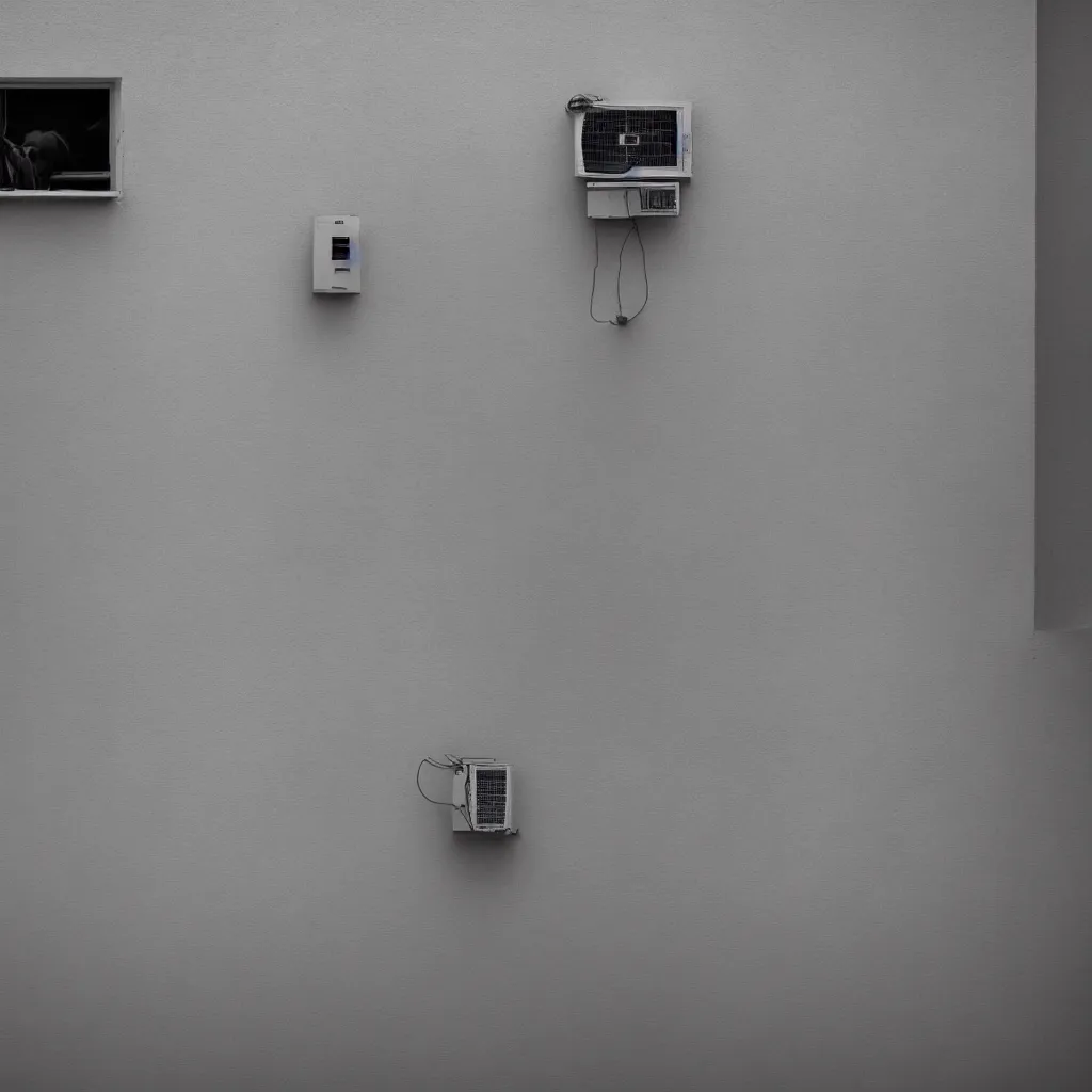 Image similar to close - up seen a profile wall with an air conditioner in the room and an air conditioner on the terrace with water spray faded, depth of field, sunny, ultra realistic, very detailed, 8 k hyper realistic detailed cinematic still by nadav kander