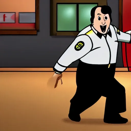 Prompt: Paul Blart bowling, animated, drawn like a Disney cartoon.