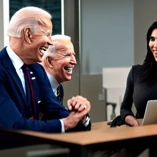 Image similar to stock photo of kim kardashian, and joe biden wearing suits and ties laughing in an office building, 8k resolution, full HD, cinematic lighting, award winning, anatomically correct